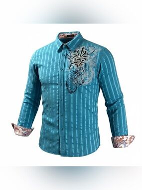 Lamasini Button Shirt Mens XL Teal Blue Cotton Blend Embroidered Flip Cuff •mark